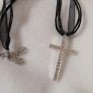 Silver cross with rhinestones necklace